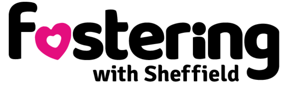 Fostering with Sheffield logo in black with pink heart replacing the 'o'