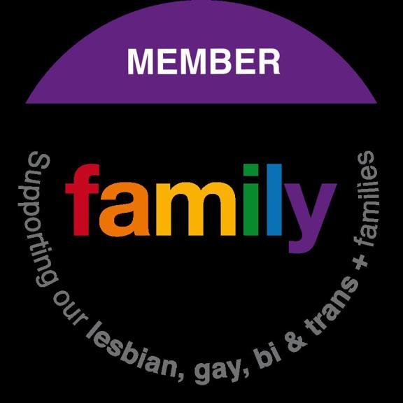 New Family Social member badge. Family in rainbow letters on a black background is surrounded by the words Supporting our lesbian, gay, bi & trans + families