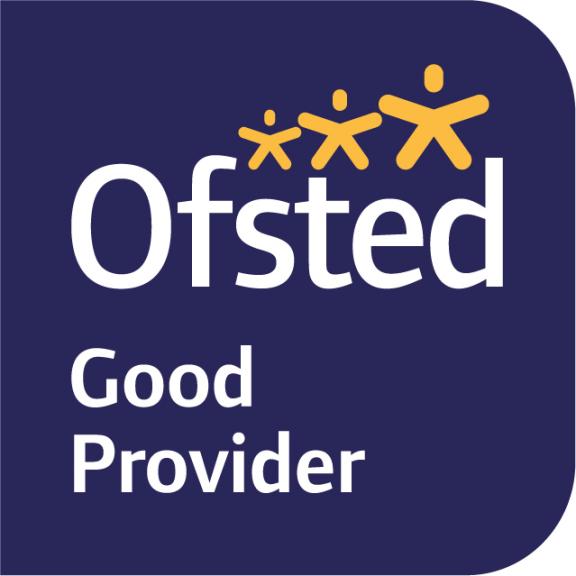 Navy blue background with white text that reads Ofsted Good Provider. Above Ofsted there are three yellow stick people growing in size